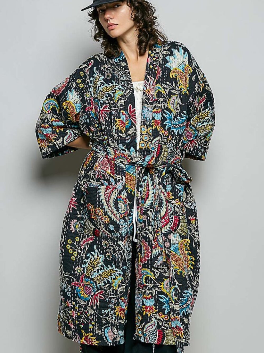 POL quilted kimono-style robe with a relaxed fit and wide sleeves, featuring a